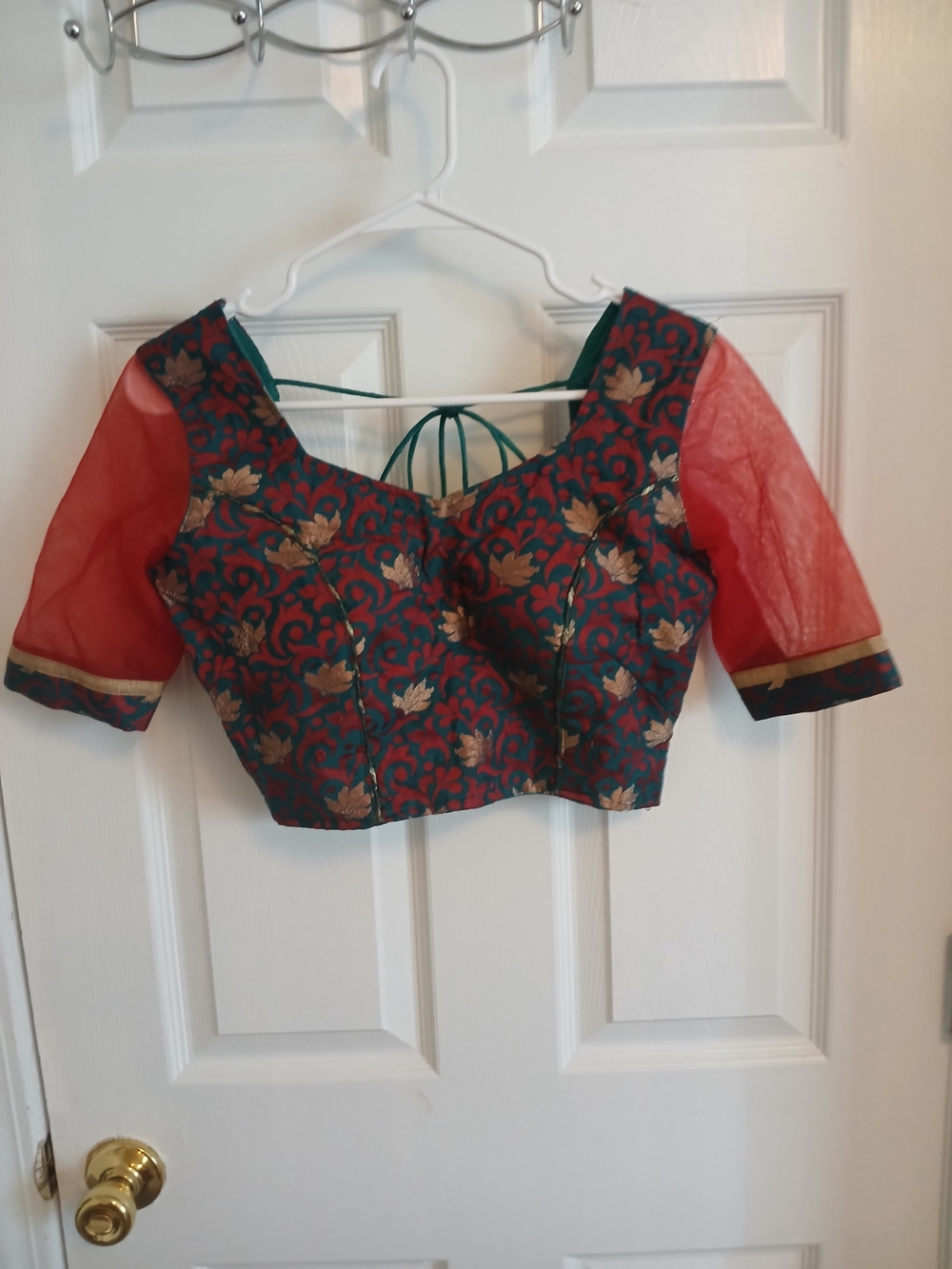 Teal and Red Embroidered Women's Blouse with Gold Motif